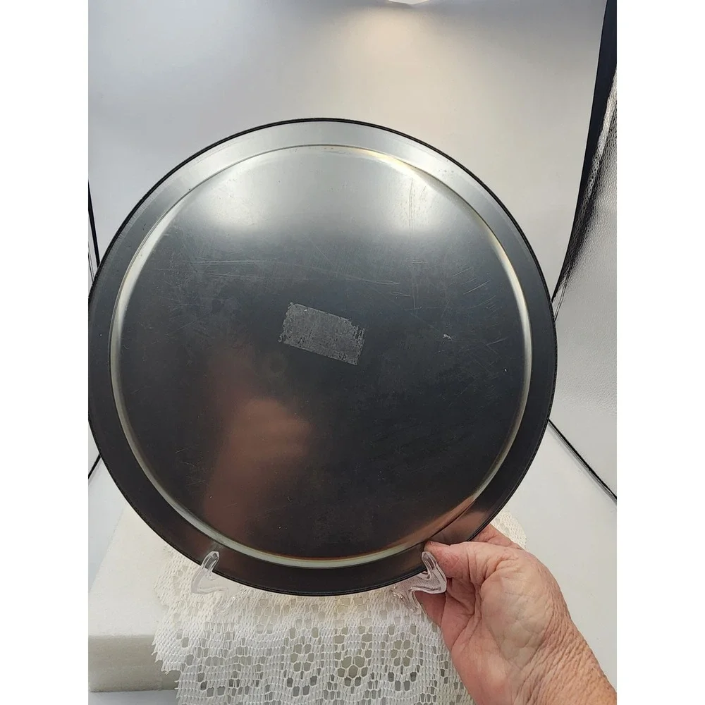 Vintage Style Round Metal Floral Serving Tray Black Pink Rose‎ 12.5 Inch Tin
